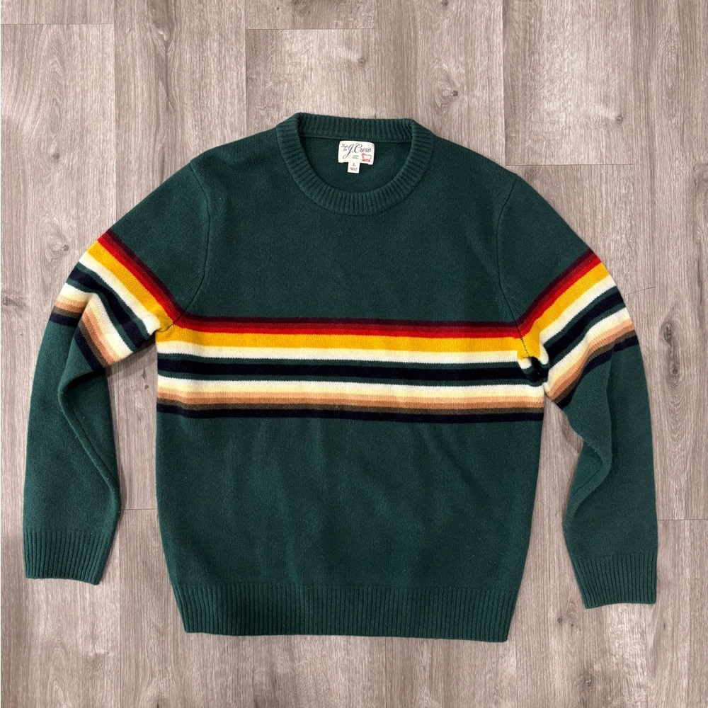 J. Crew Men's Dark Green Sweater with Multicolor Stripes